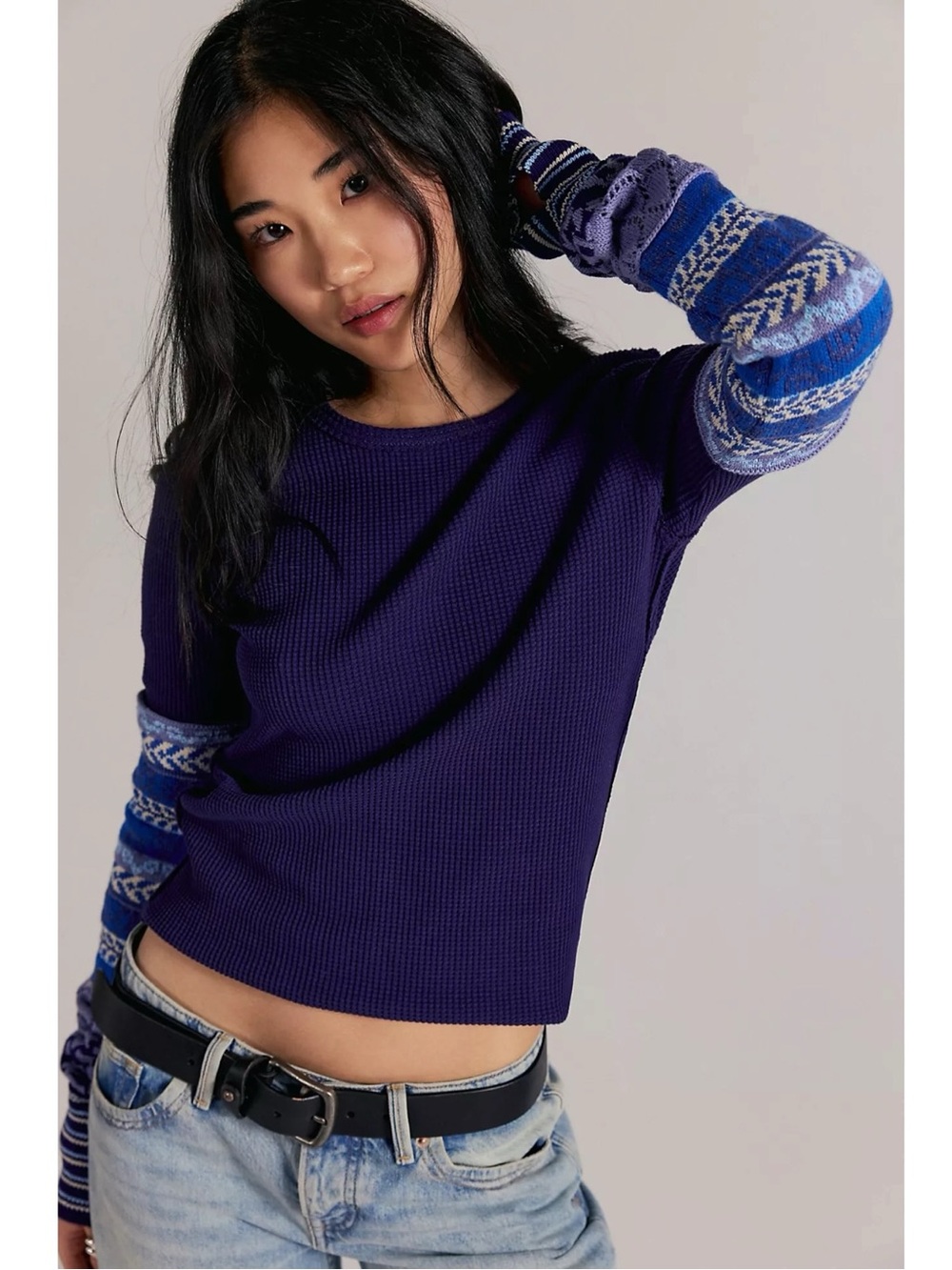 Free People All In Cuff Grunge 90s Thermal Sweater Crewneck Top Medium NWT Blue